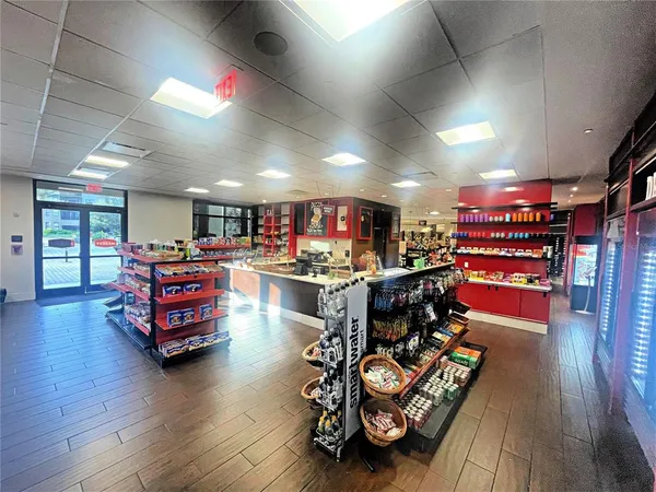 a view of a dining room with furniture