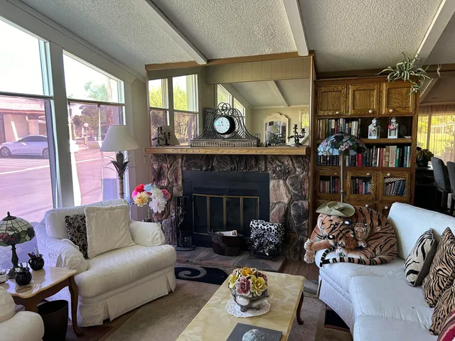 a living room with furniture and a fireplace