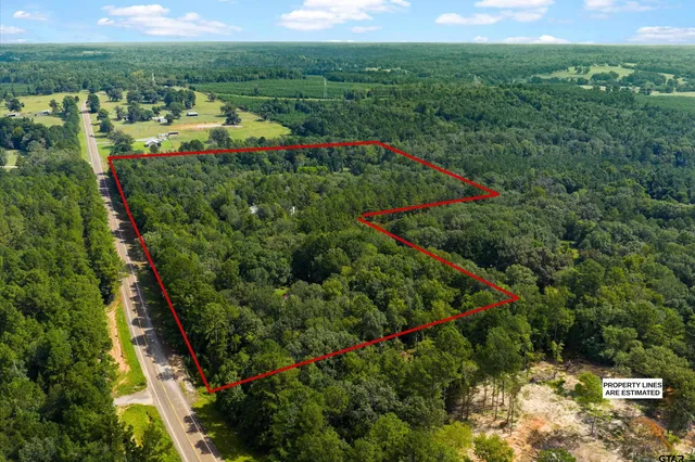 an aerial view of residential house with outdoor space and trees all around