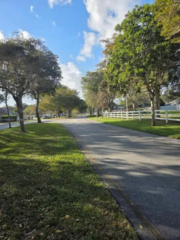 a view of a yard with plants and a table and chairs