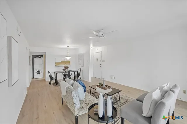 a view of a dining room with furniture