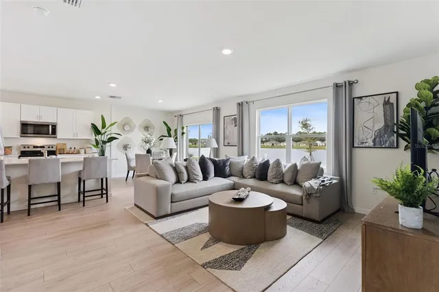 a living room with furniture kitchen view and a potted plant