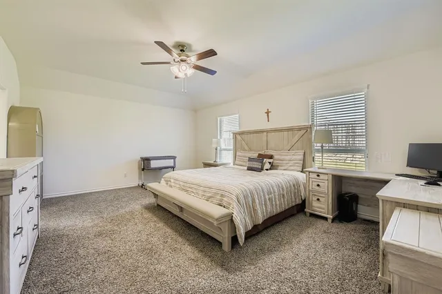 a bedroom with a bed and ceiling fan