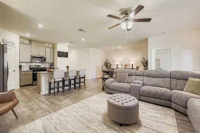 a view of a dining room with furniture