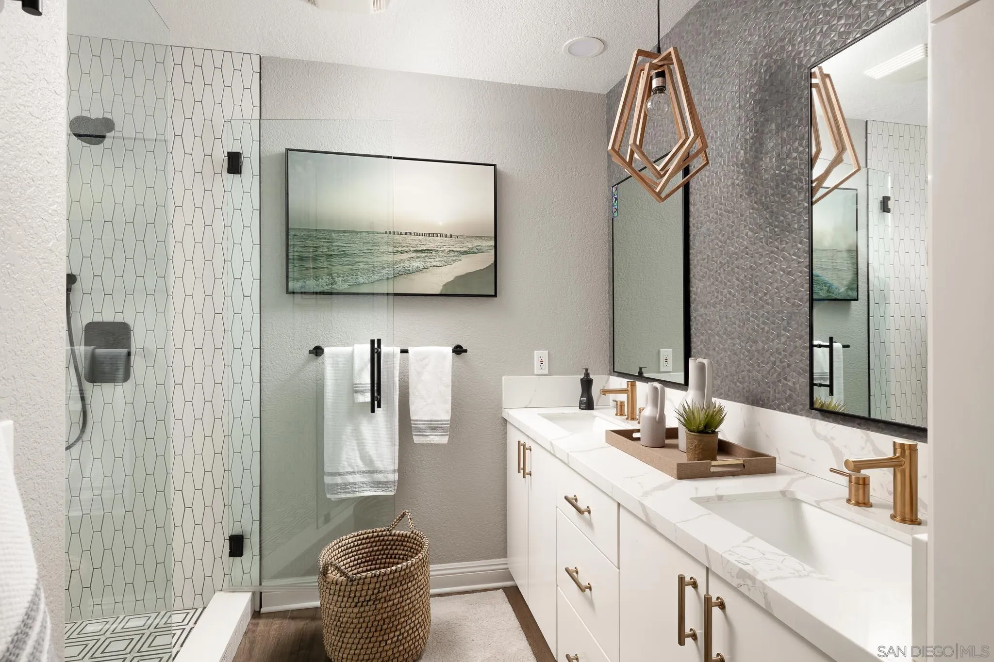 12645 Treehill Place Poway, CA 92064 - Photo 33 of 52 a bathroom with a double vanity sink mirror and shower