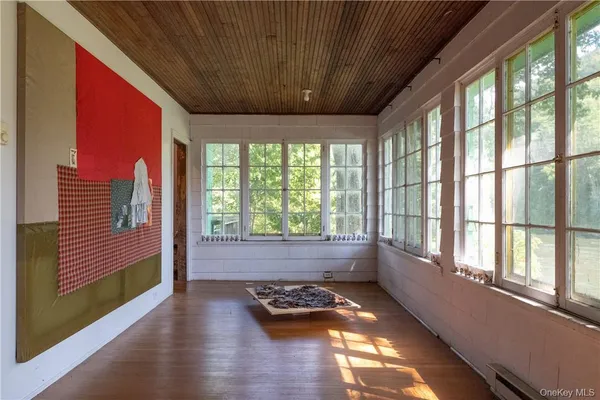 a kitchen with a large window
