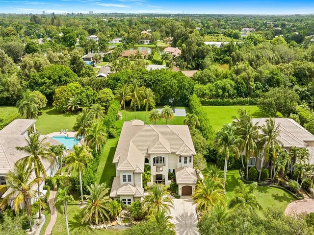 view of a city with lush green forest