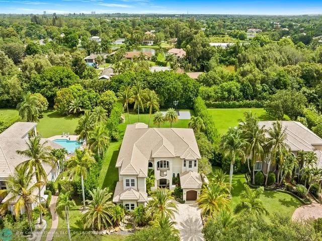 view of a city with lush green forest