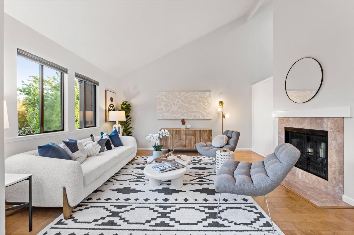 1631 Grant Road Mountain View, CA 94040 - Photo 20 of 51 a living room with furniture large window and a fireplace