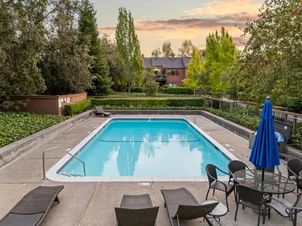 an aerial view of a backyard