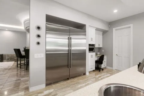 a view of a dining room with furniture