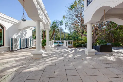a view of a building with potted plants