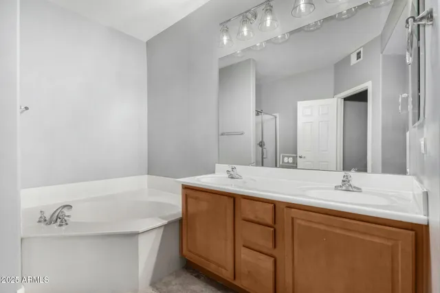 a bathroom with a sink double vanity and a mirror