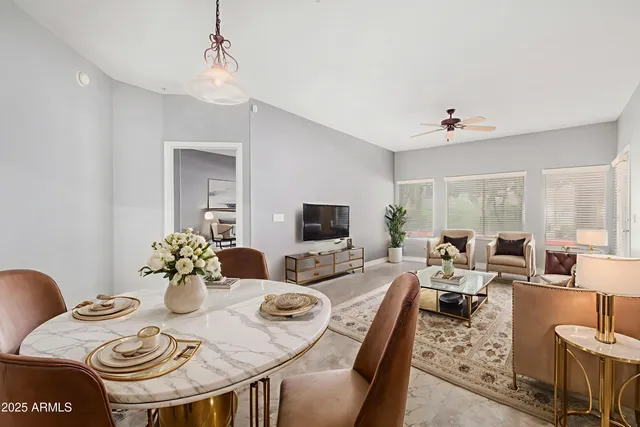 a view of a dining room with furniture