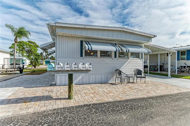 front view of a house with a patio