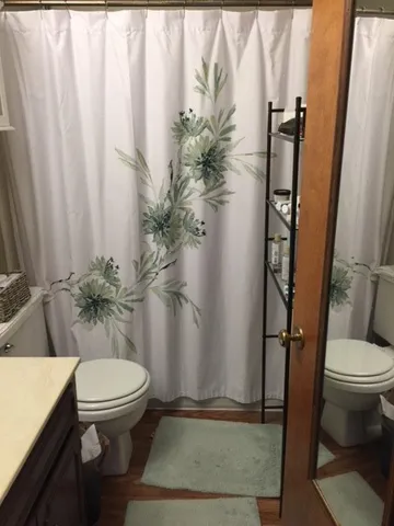 a bathroom with a toilet and a shower