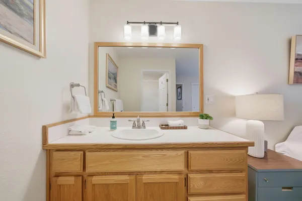 a bathroom with a sink vanity and a mirror
