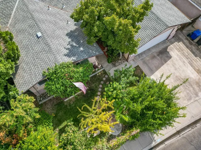 an aerial view of a backyard