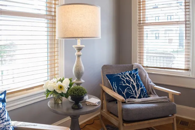 a living room with furniture and a potted plant