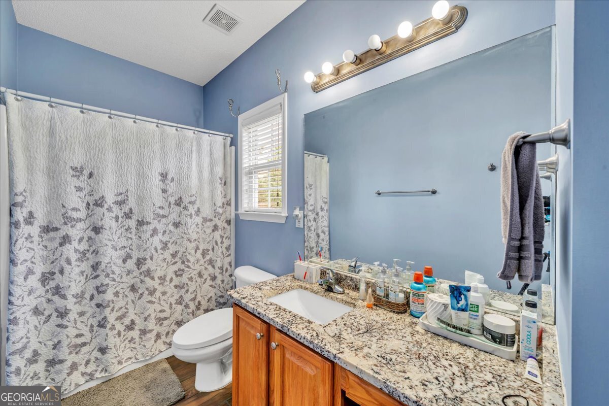 605 Dodds Walk Macon, GA 31220 - Photo 23 of 68 a bathroom with a granite countertop sink a toilet and a mirror