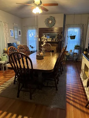 a view of a dining room with furniture