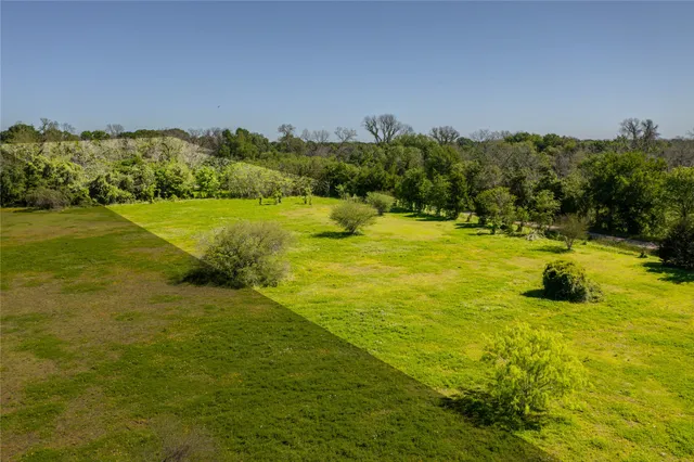 a view of a grassy field with trees in the background
