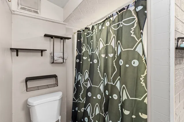 a bathroom with a shower and toilet