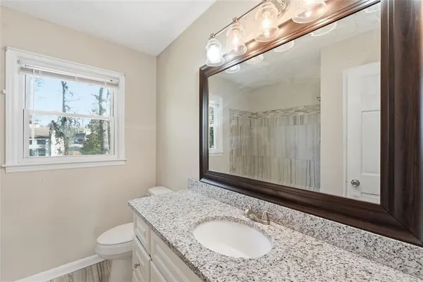 a bathroom with a granite countertop sink toilet and mirror