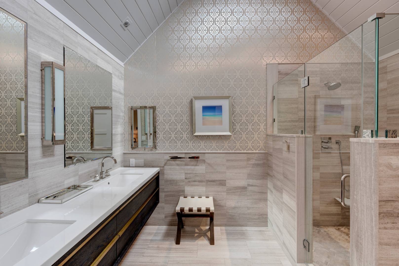 83 School Street Bridgehampton, NY 11932 - Photo 13 of 19 a bathroom with a double vanity sink mirror and shower