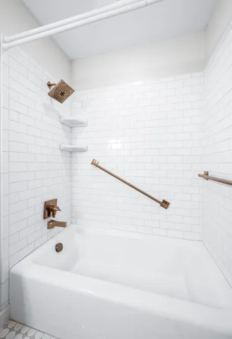 a bathroom with a bathtub