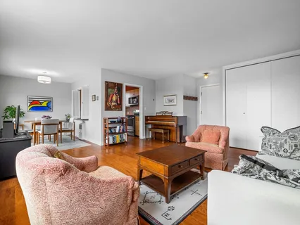 a living room with furniture a rug and a bookshelf