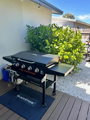 a view of a backyard with chairs and a potted plant