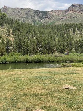 a view of swimming pool with seating area and trees in the background