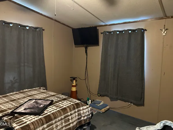 a bedroom with a bed a shower curtain and a mirror