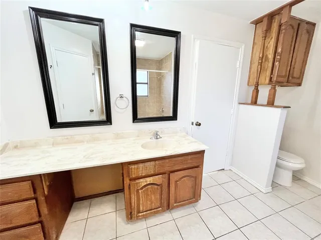 a bathroom with a sink a toilet and mirror