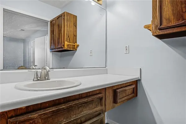 a bathroom with a sink and a mirror