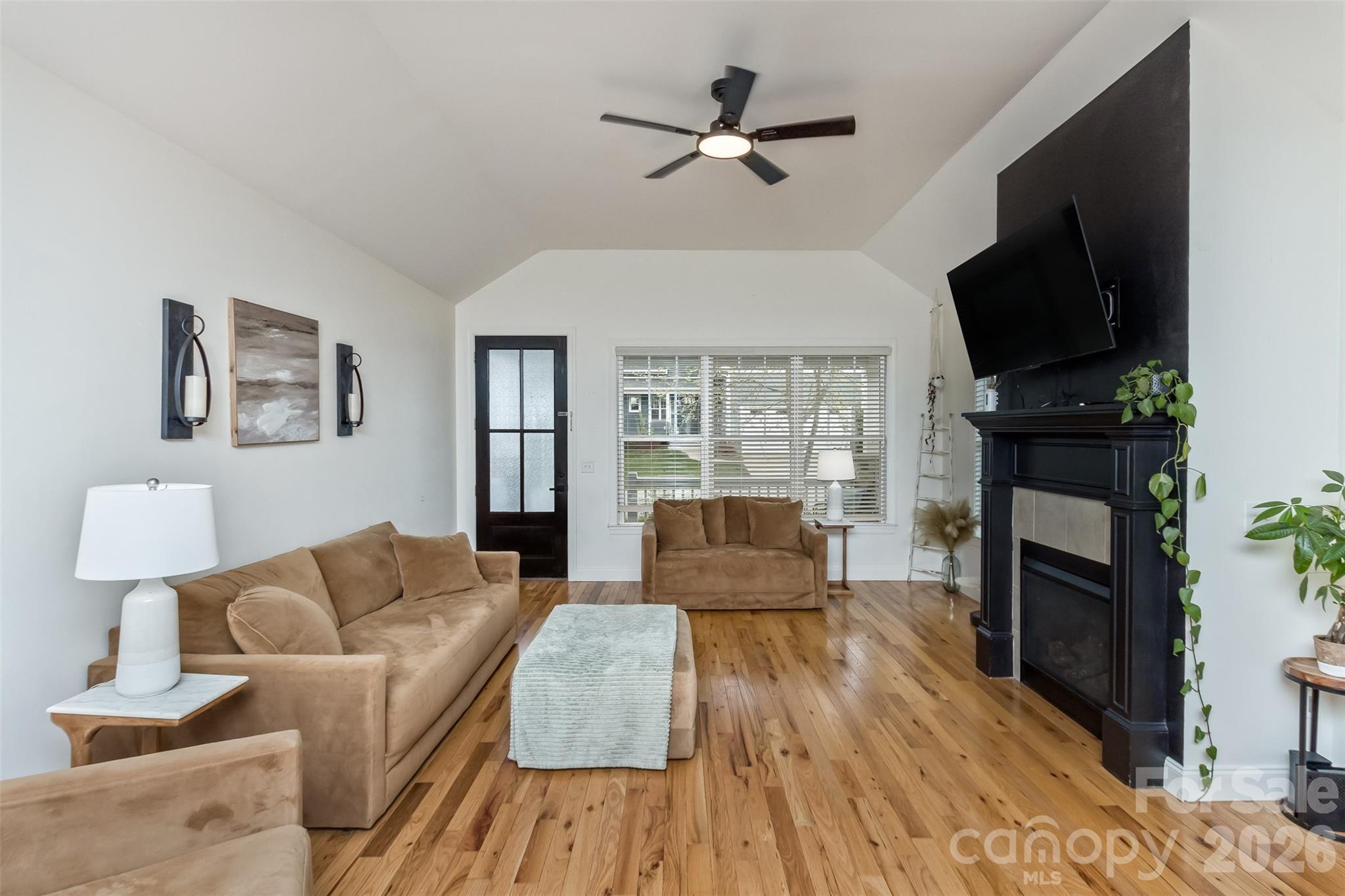 84 Rose Creek Road Leicester, NC 28748 - Photo 3 of 28 a living room with furniture a flat screen tv and a fireplace