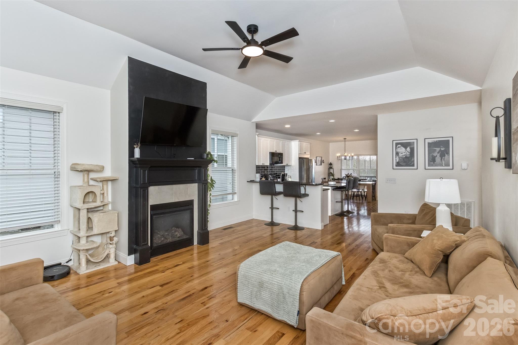 84 Rose Creek Road Leicester, NC 28748 - Photo 5 of 28 a living room with furniture a fireplace and a flat screen tv