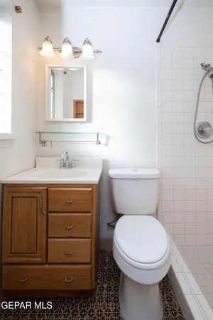 a bathroom with a sink a toilet and mirror