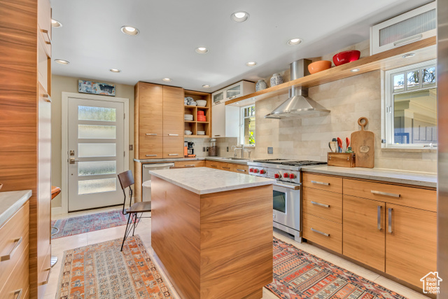 2035 Ribbon Lane Holladay, UT 84117 - Photo 1 of 1 Kitchen with high end appliances, modern cabinets, open shelves, backsplash, and recessed lighting