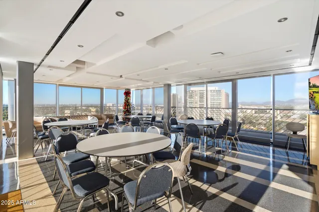 a view of a dining room with furniture