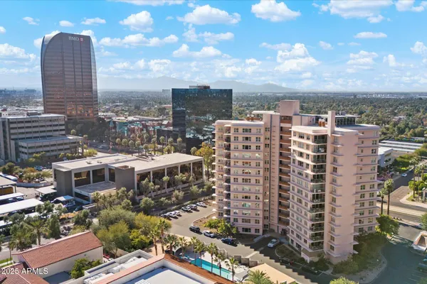 a city view with tall buildings