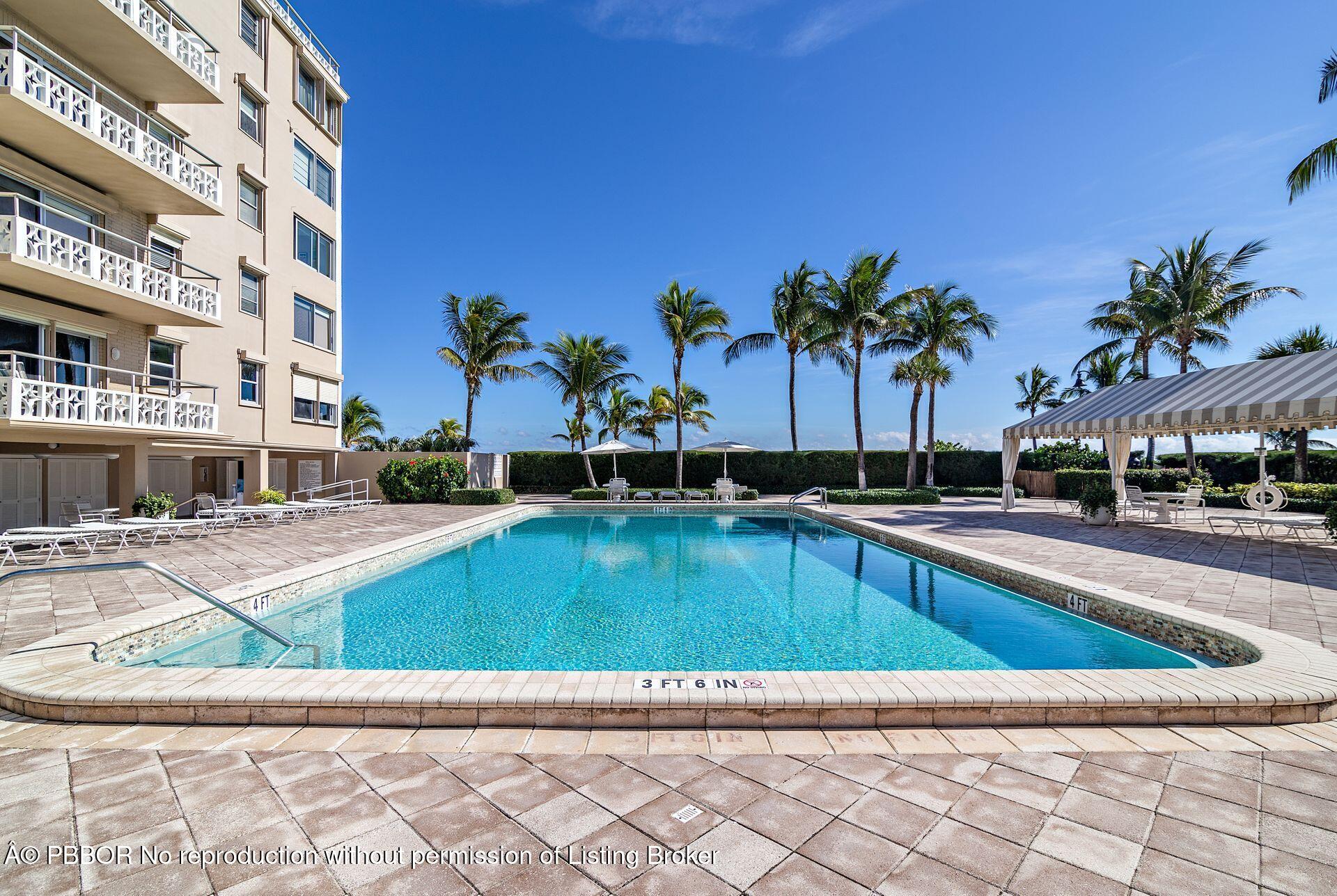 170 North Ocean Boulevard, Unit 409 Palm Beach, FL 33480 - Photo 27 of 34 a view of swimming pool with outdoor seating and palm trees
