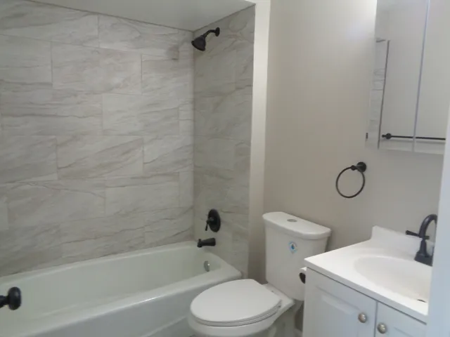 a bathroom with a toilet sink vanity and shower