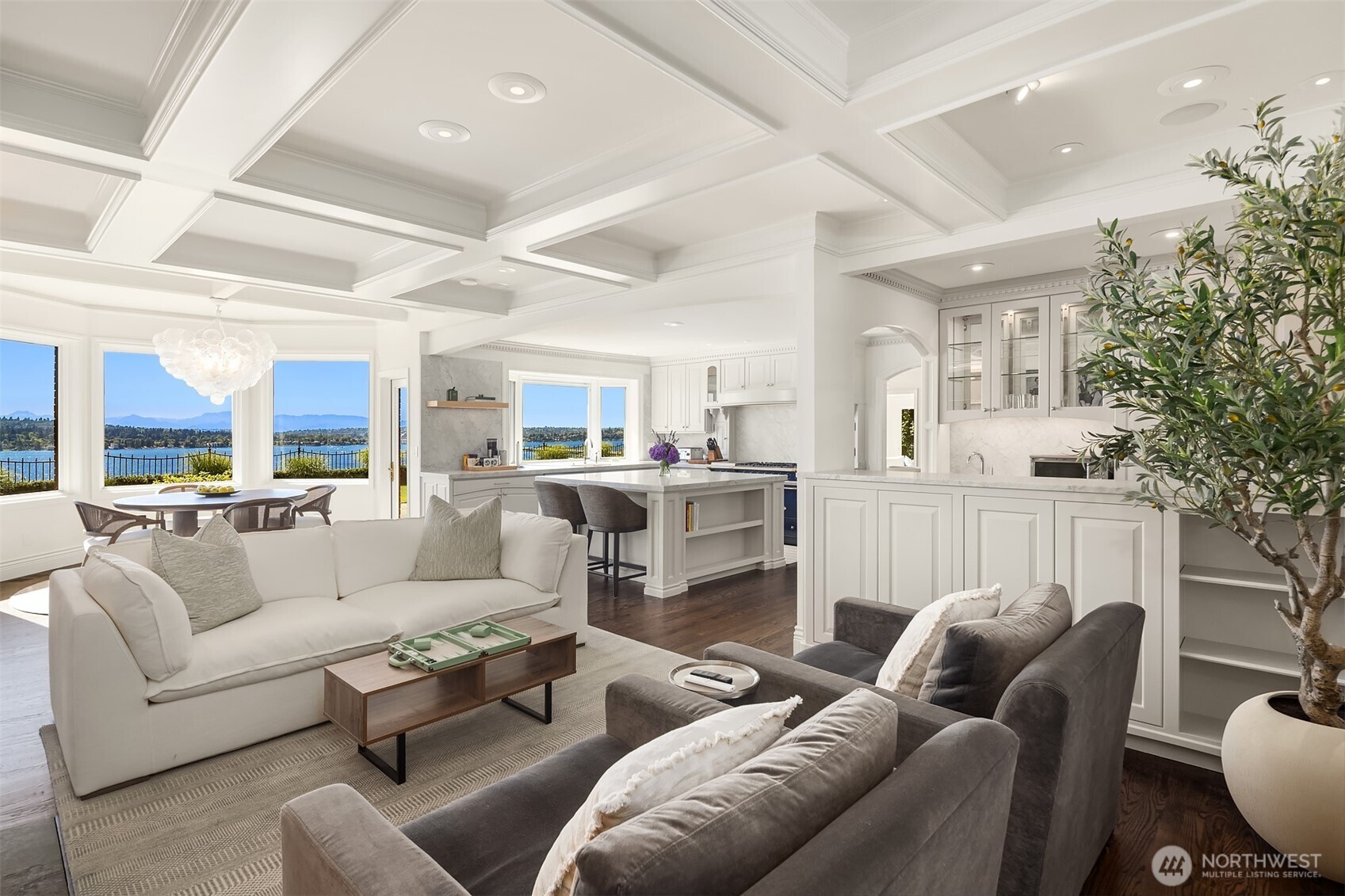 2307 Evergreen Point Road Medina, WA 98039 - Photo 16 of 40 a living room with furniture kitchen view and a large window