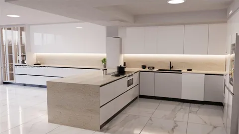 a kitchen with cabinets and white stainless steel appliances
