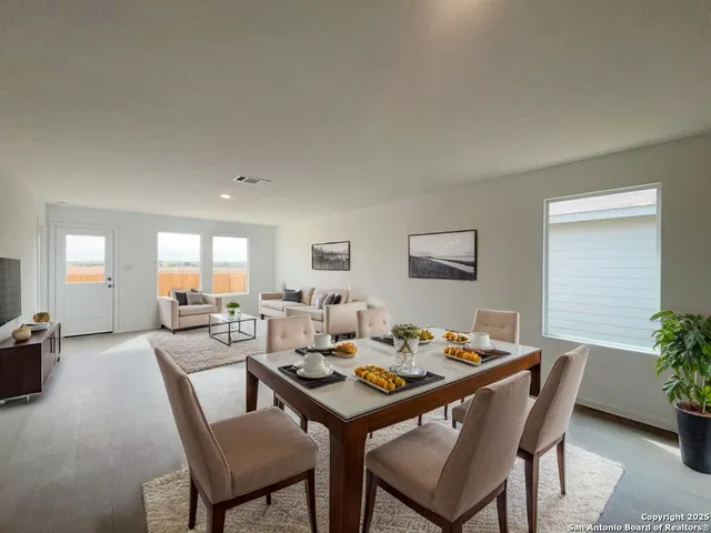 a view of a dining room and livingroom with furniture a rug and a potted plant