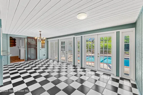 a building outdoor space with a black and white checkered floor