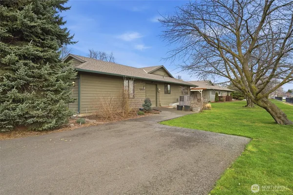 a view of a house with a yard and large tree