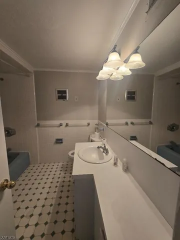 a bathroom with a sink a toilet and mirror